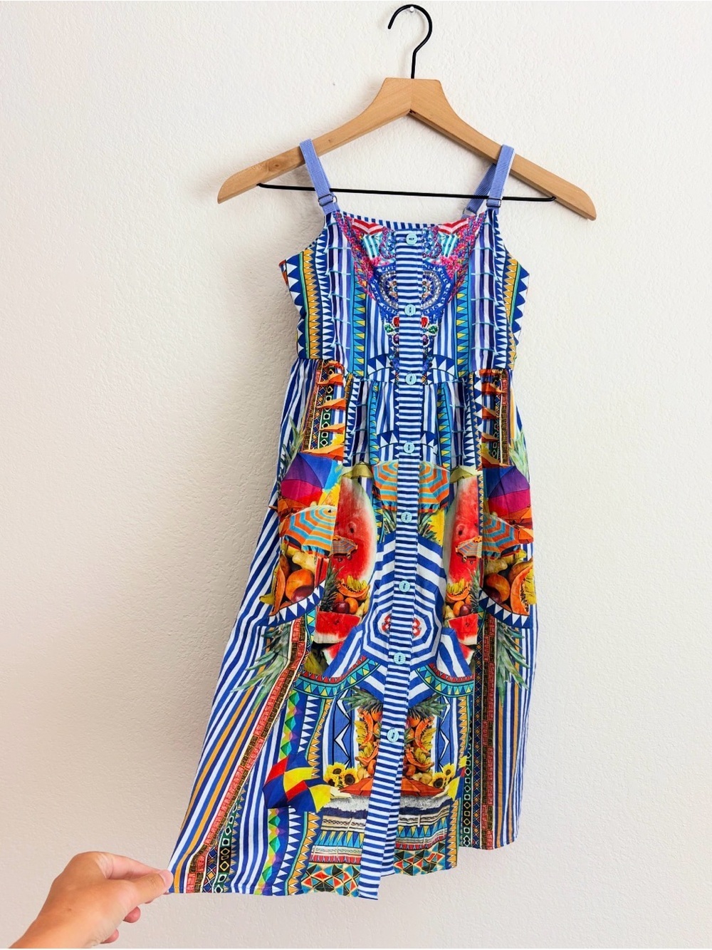 Camilla Blue Multicolor Striped Tropical Print Girls' Dress